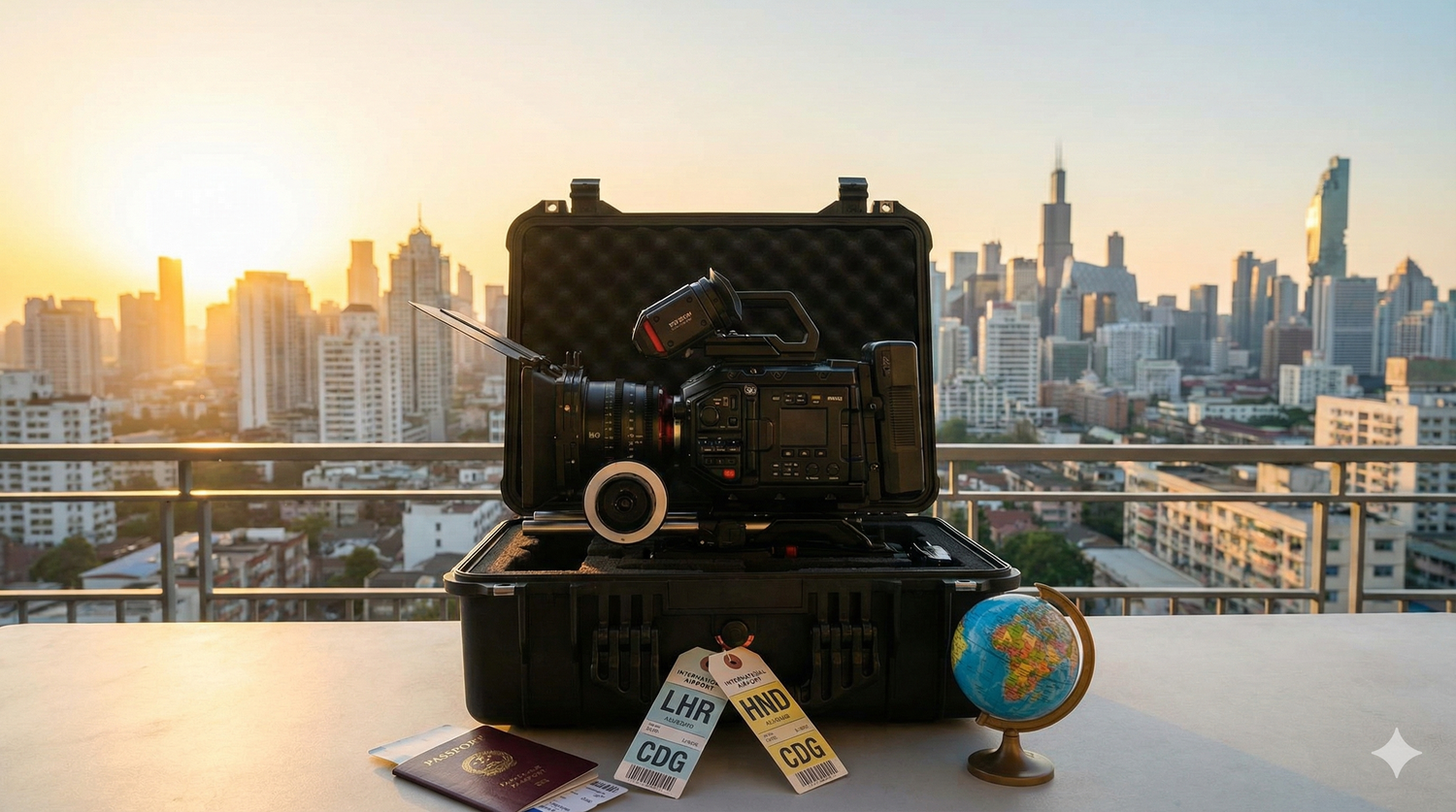 Professional camera gear cases in an internationA vintage camera and globe sit on a wooden desk against a blurred window backdrop at sunset.