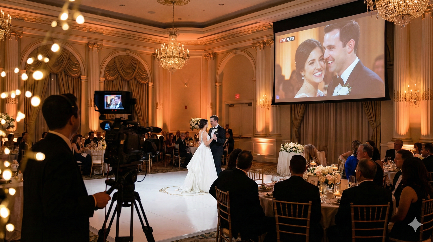 A panoramic view of an elegant ballroom wedding reception with chandeliers, soft lighting and a dance floor.