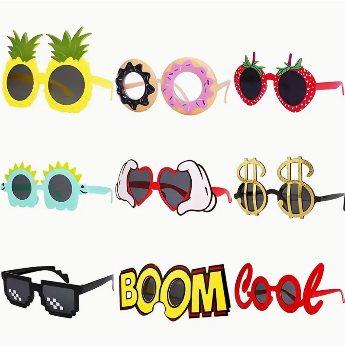 Novelty sunglasses shaped like pineapples, donuts, hearts and other fun designs.