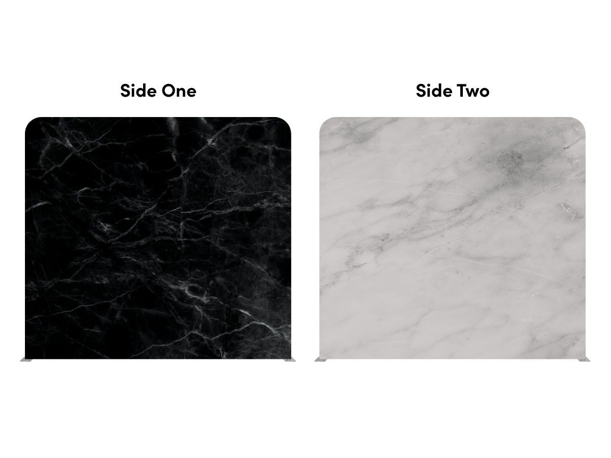 Double-sided photography backdrop featuring black marble on one side and white marble on the other.