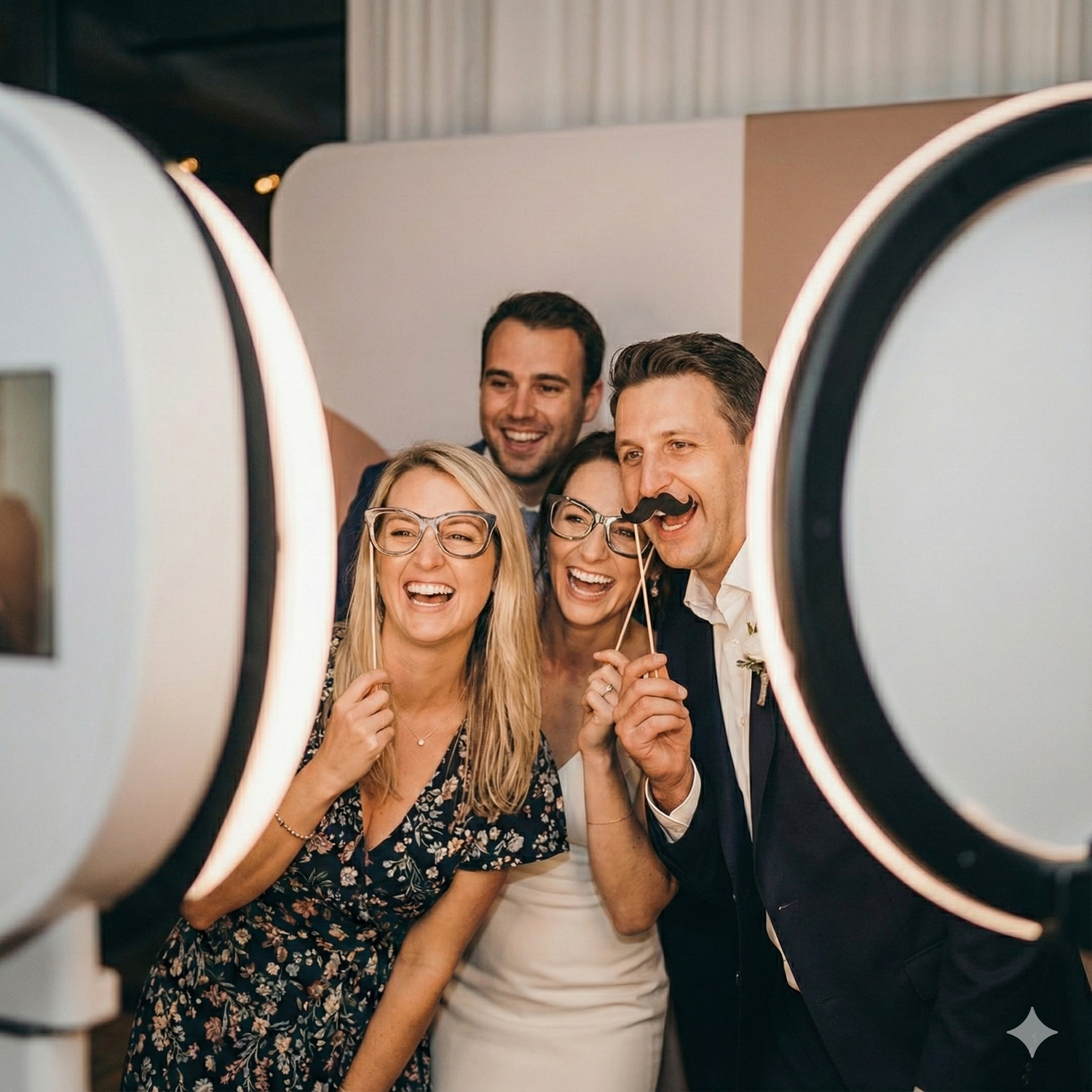 A group laughs together while posing with props in front of ring lights at a photo booth setup.