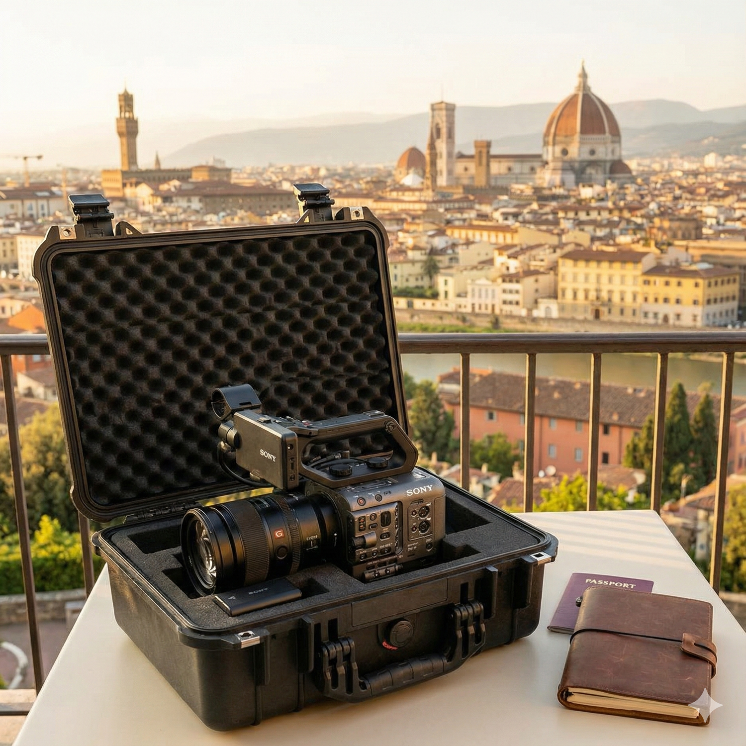 A luggage cart staProfessional camera equipment and protective cases displayed on a rooftop terrace overlooking Florence's historic skyline.