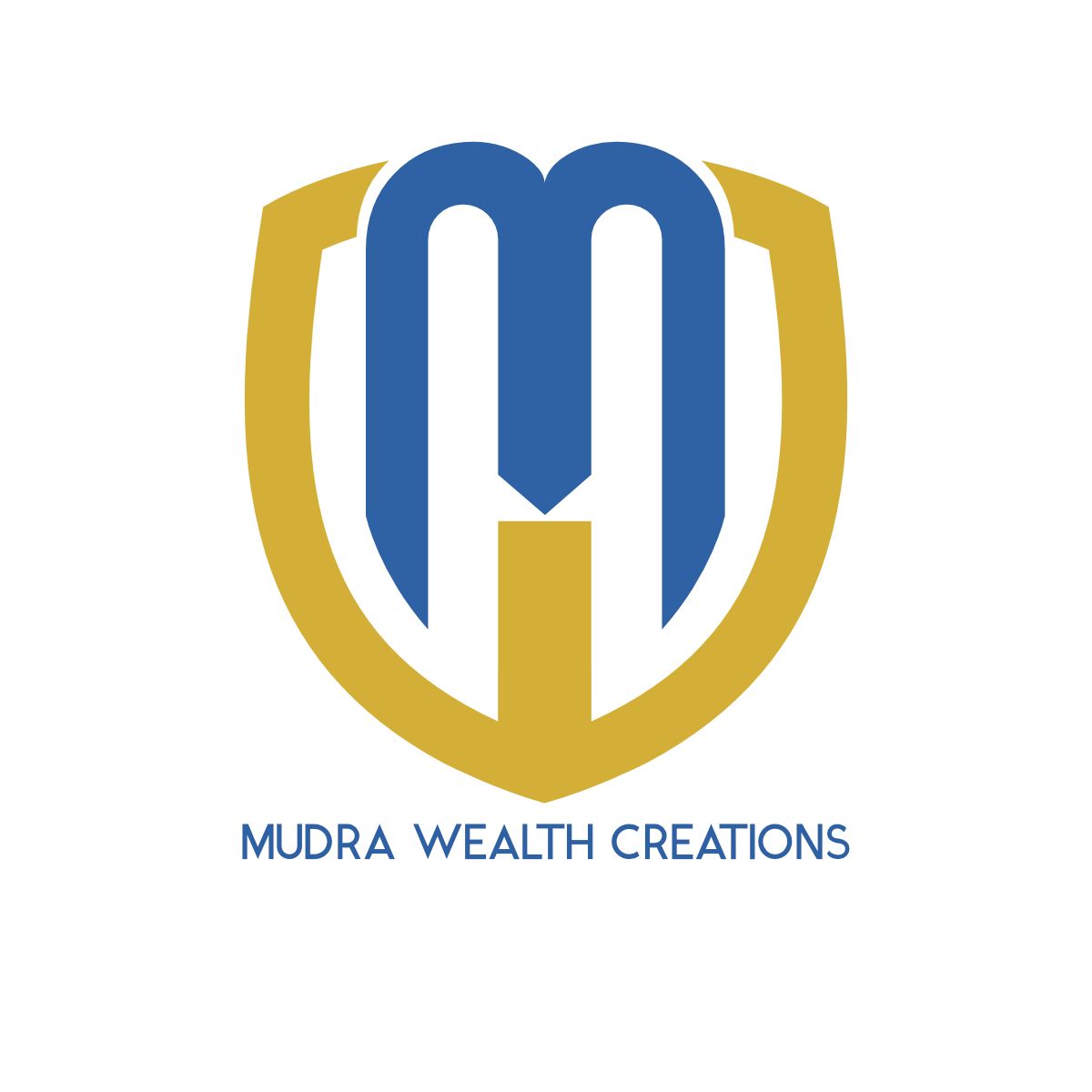 A logo design featuring the letter M in blue inside a gold shield with text Mudra Wealth Creations below.