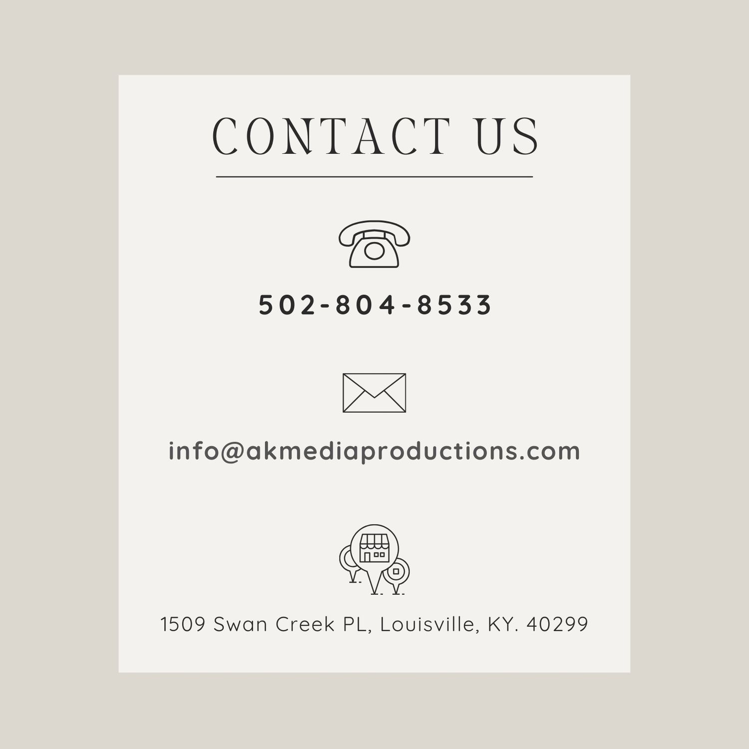 Header section of contact page showing contact details and information icons for email, phone and address.