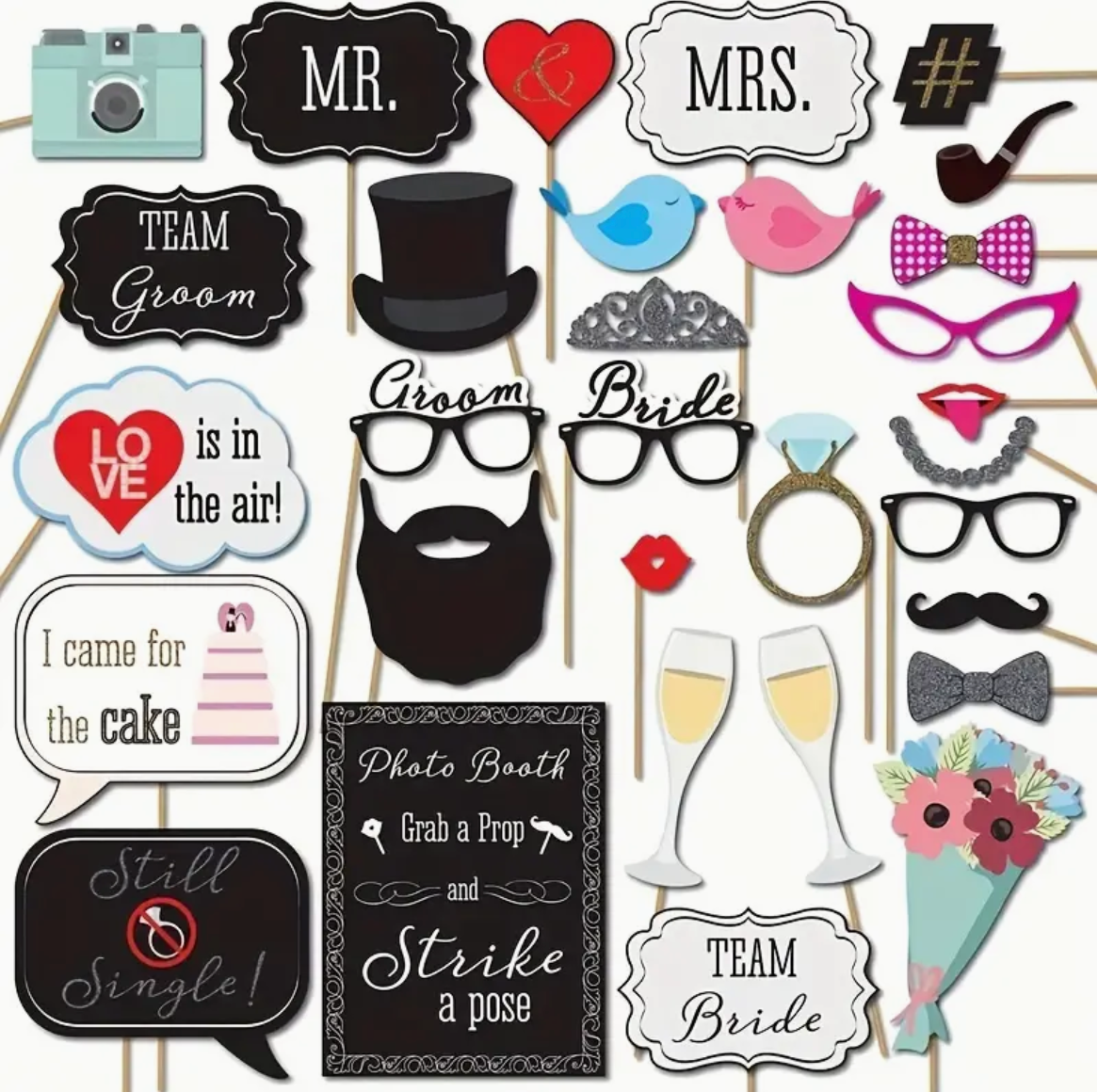 Wedding photo booth props with signs, glasses, champagne icons and romantic elements.
