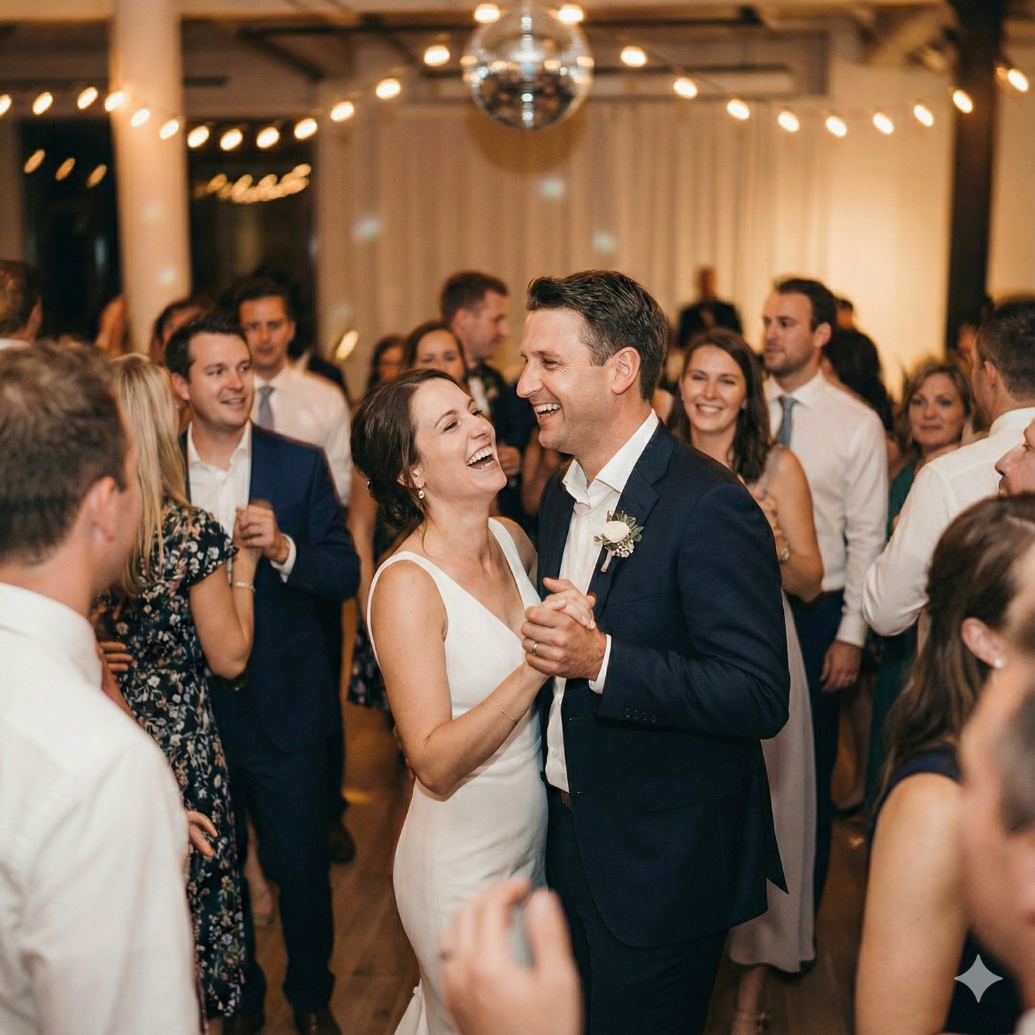 Couples dancing and celebrating at an elegant indoor wedding reception with string lights and festive atmosphere.