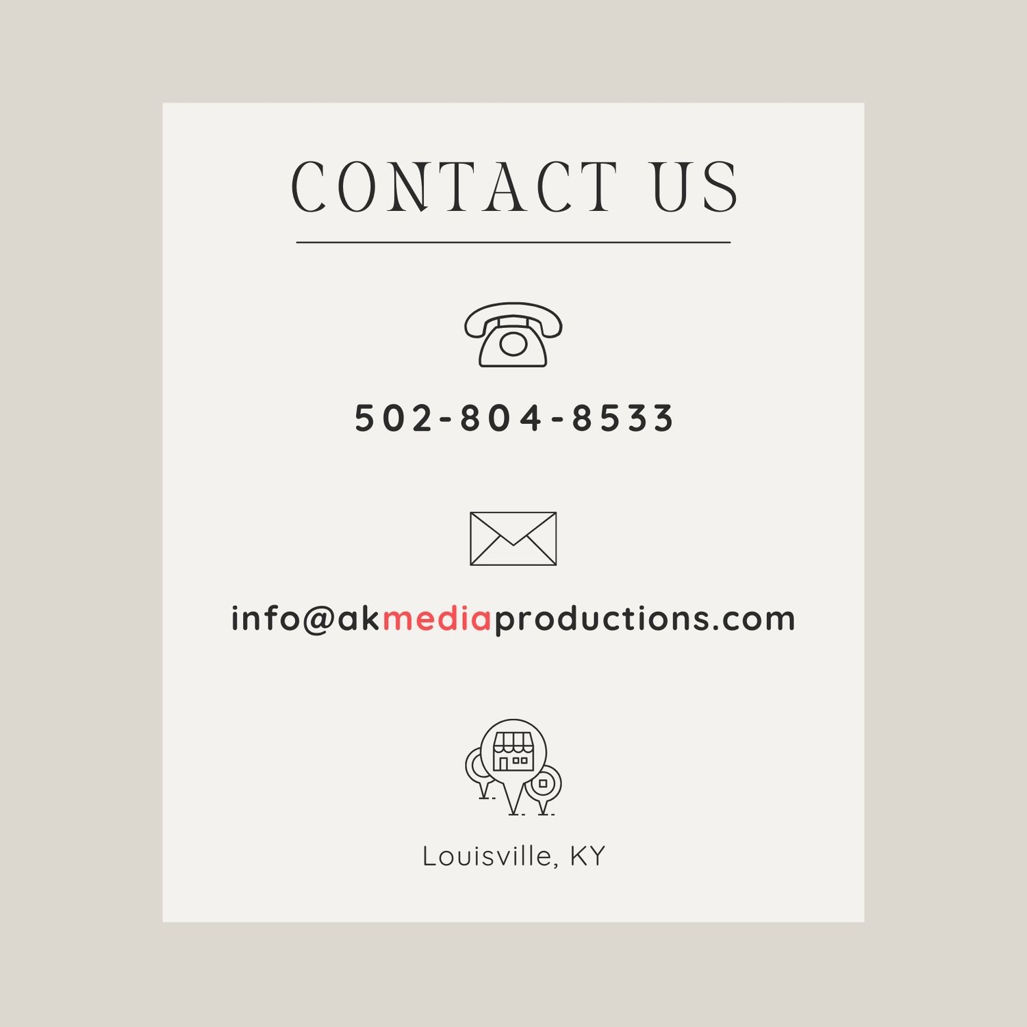Contact information card for media productions company in Louisville featuring phone, email and location details.