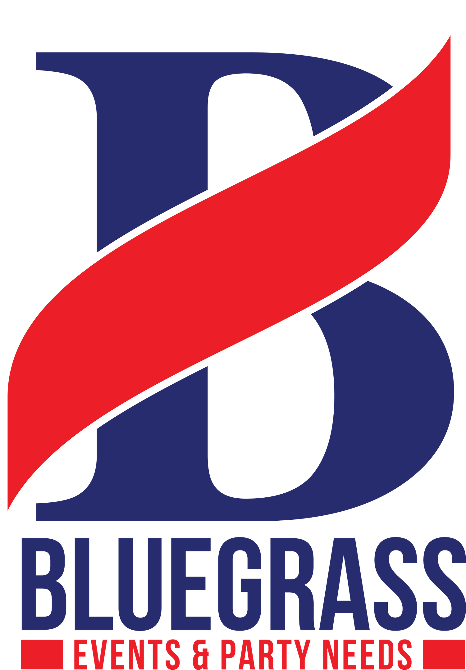 Logo design featuring a blue letter B with a red diagonal stripe and text reading 'Bluegrass Events & Party Needs' below.