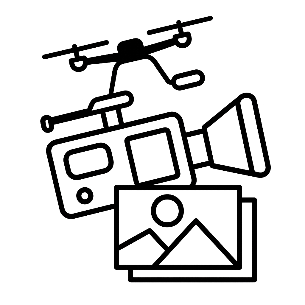 Black and white icon showing camera equipment including movie camera, film reel, clapperboard and spotlights.