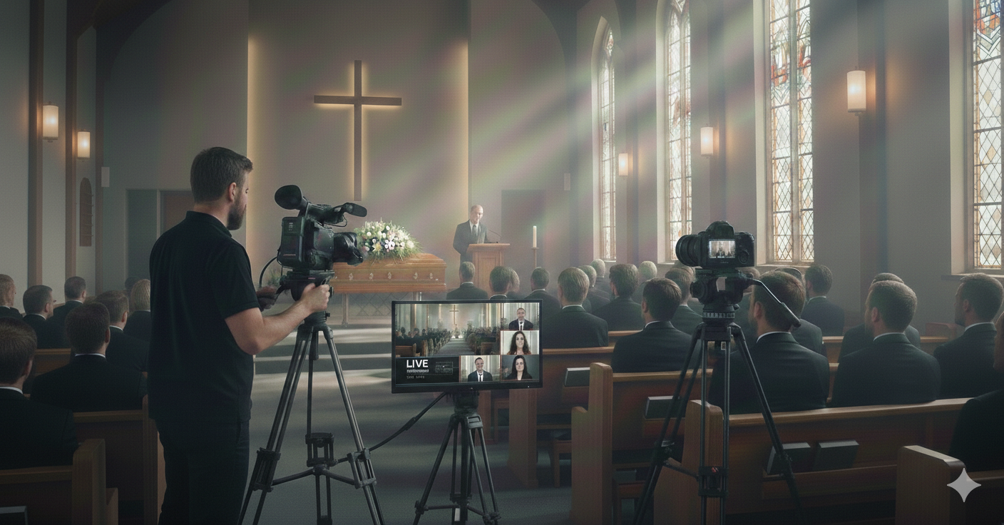 Camera operators film a church service with professional equipment while congregation members sit in wooden pews.