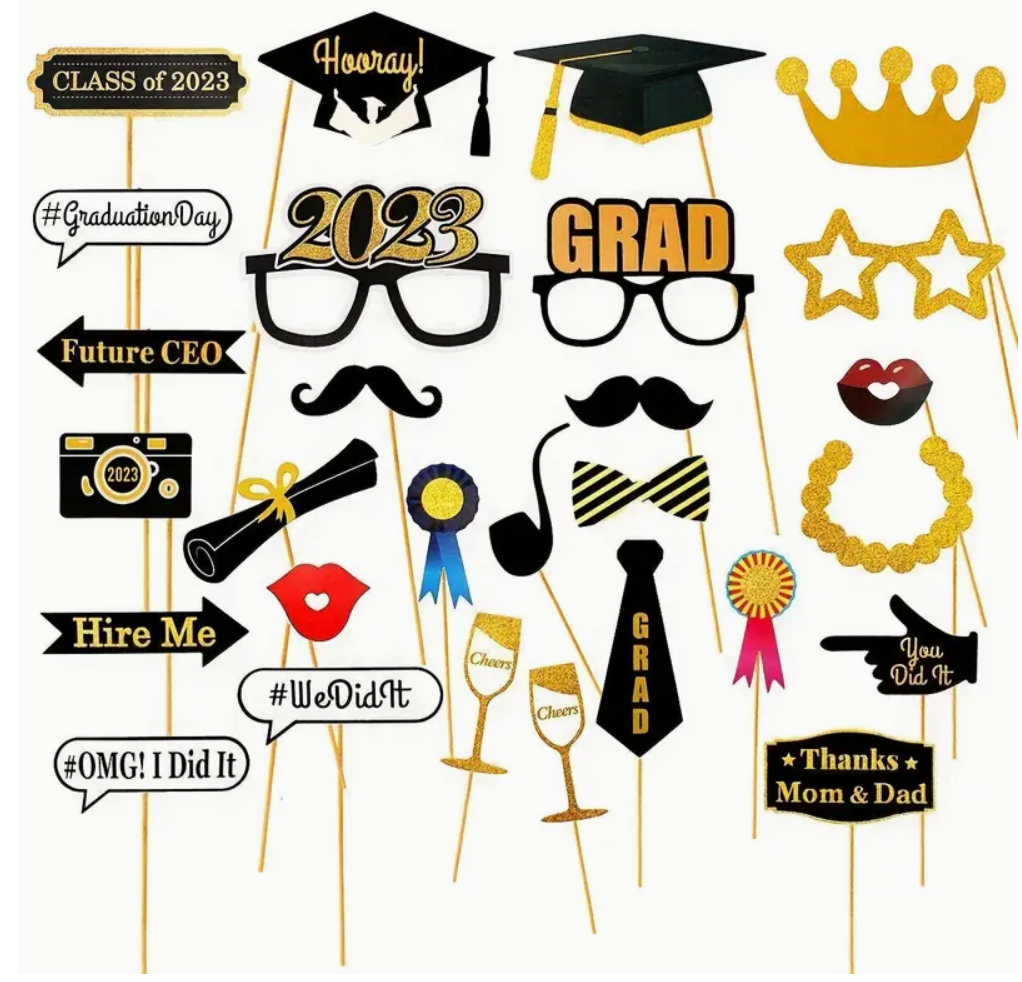Graduation themed photo booth props with caps, glasses, and celebratory messages in black and gold.