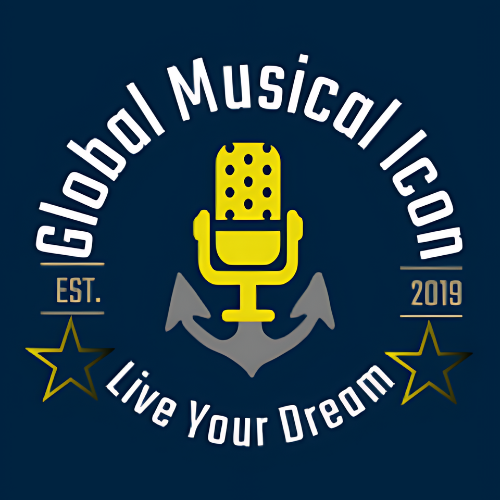 A navy blue logo design for Global Musical Icon featuring a yellow microphone with polka dots and an anchor symbol.