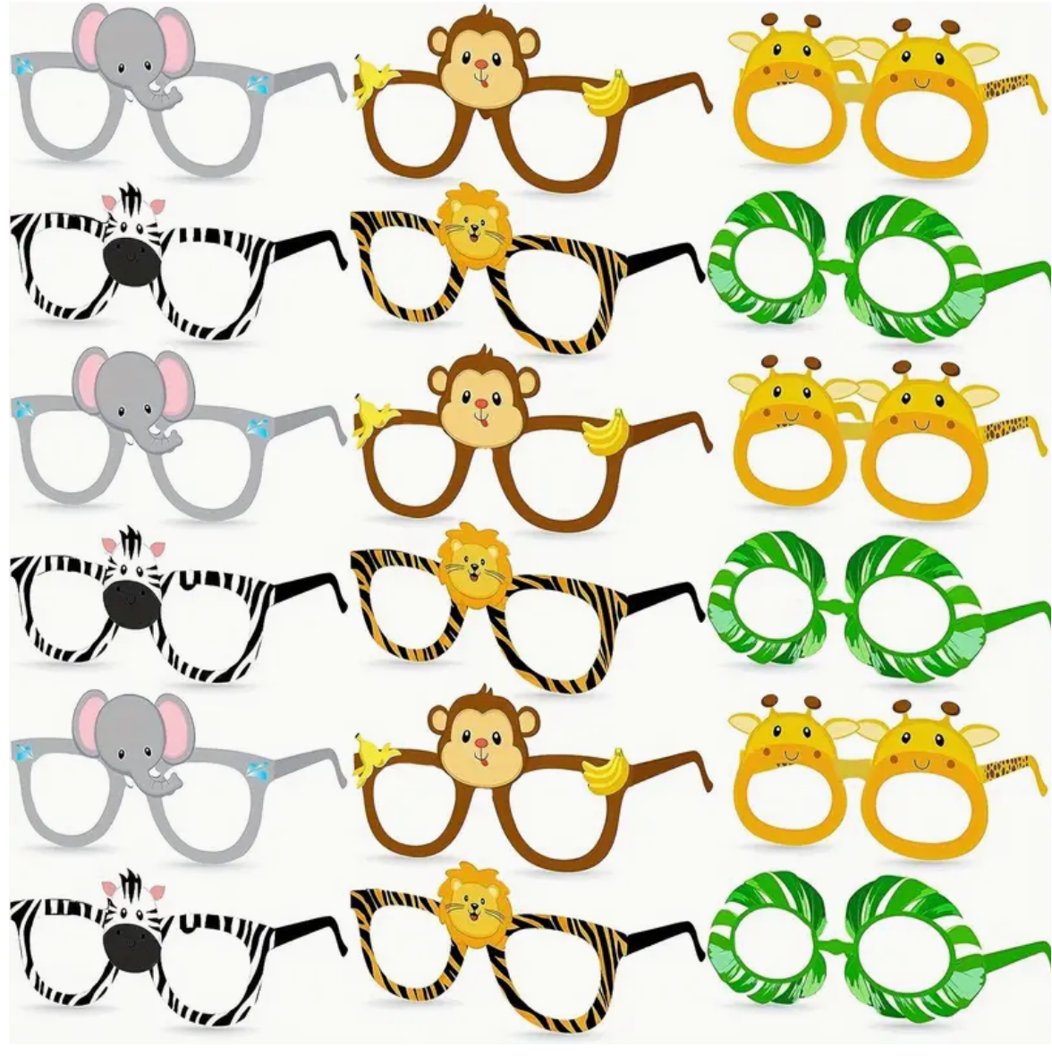 Set of colorful animal-themed party glasses featuring elephants, monkeys, giraffes, and zebras.