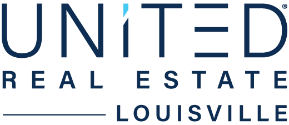 Dark blue modern real estate company logo design for United Real Estate Louisville with minimalist text layout.