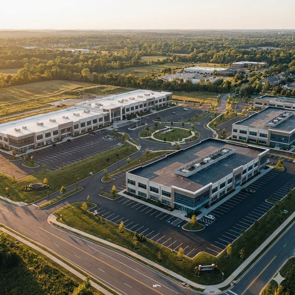 Aerial view of modern office buildings and parking lots during golden hour sunset with landscaped surroundings.