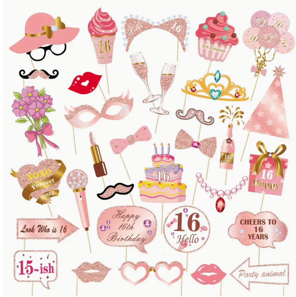 Sweet sixteen birthday party photo props in pink featuring cupcakes, tiaras, and feminine accessories.