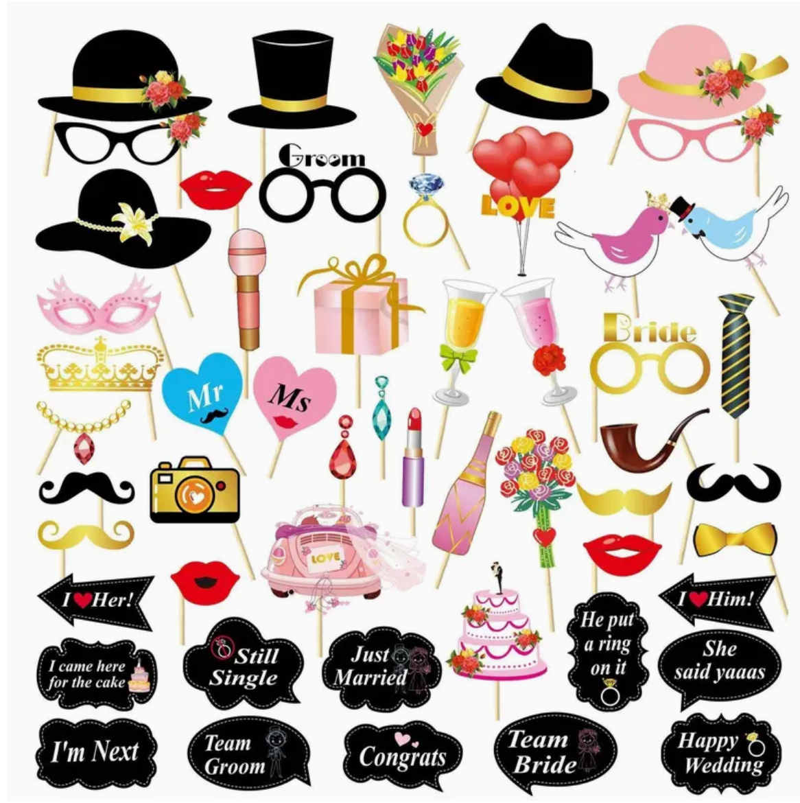 Wedding photo booth props with hats, glasses, mustaches, and celebration signs in black and pink.