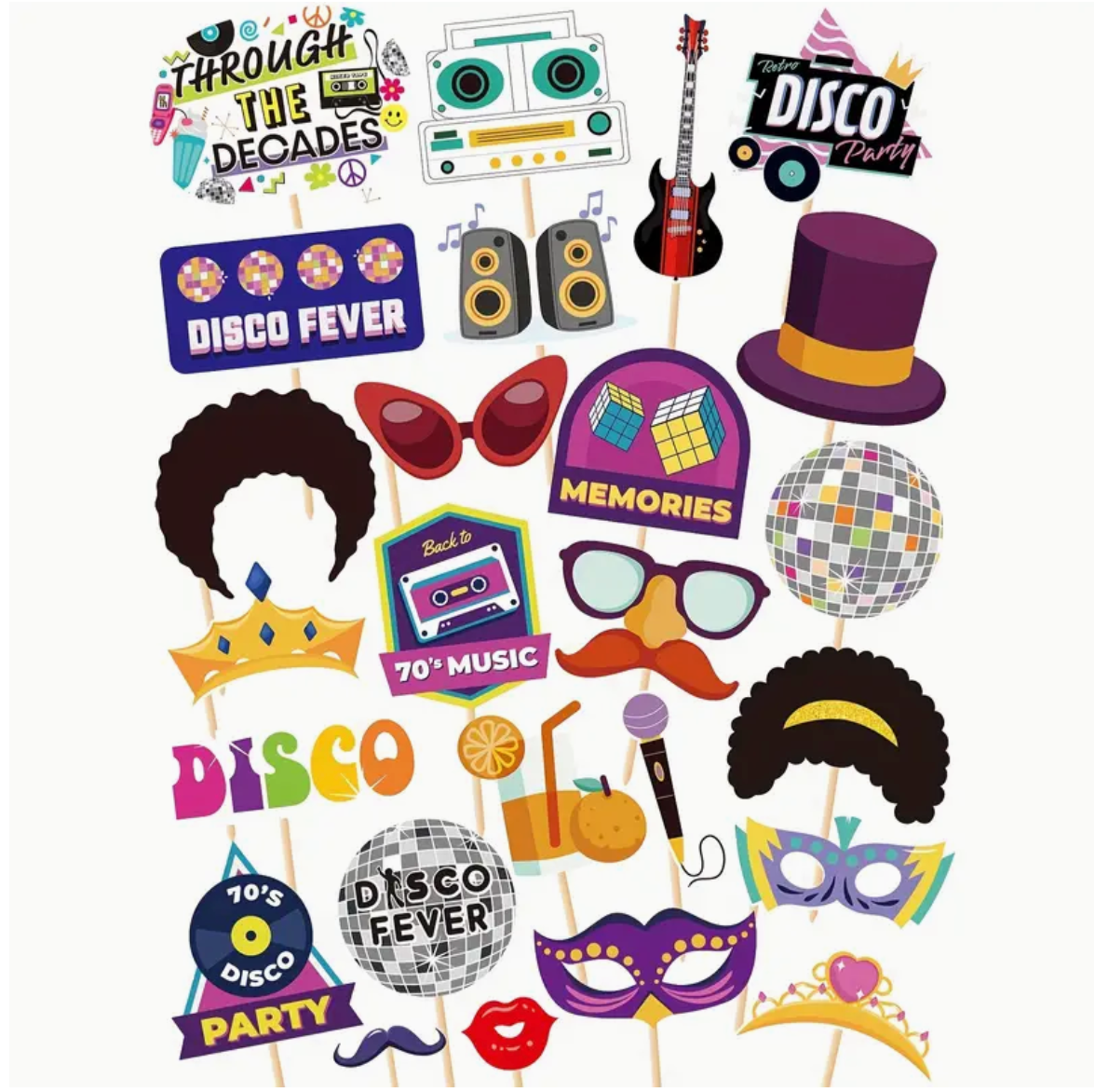 Retro disco party photo booth props with afro wigs, sunglasses, and music-themed decorations.