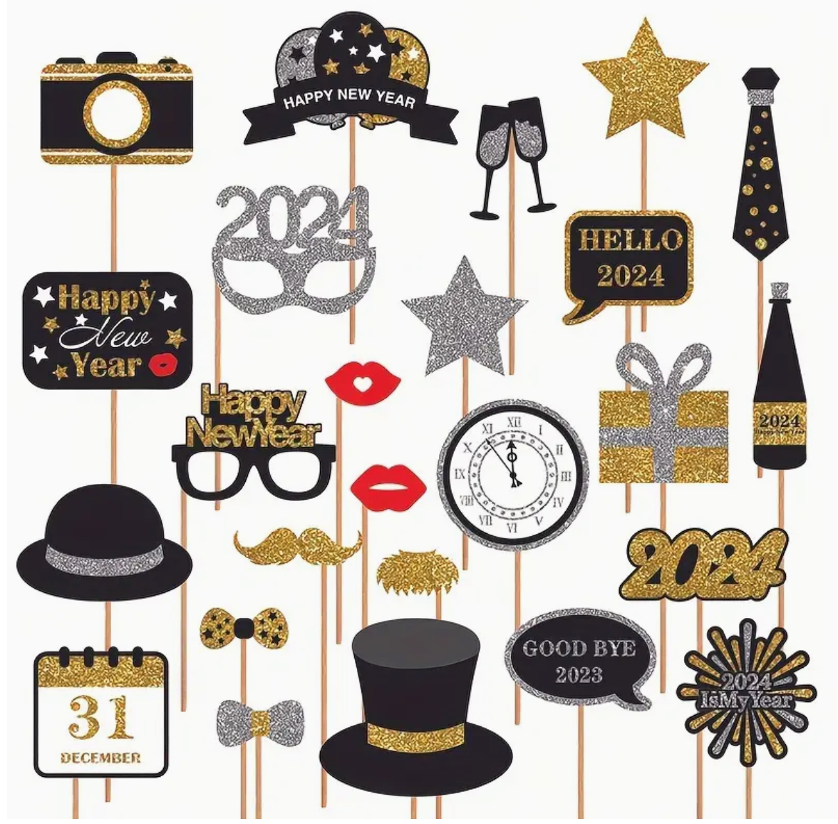 New Year's Eve 2024 photo booth props in gold and black with party accessories and celebration items.
