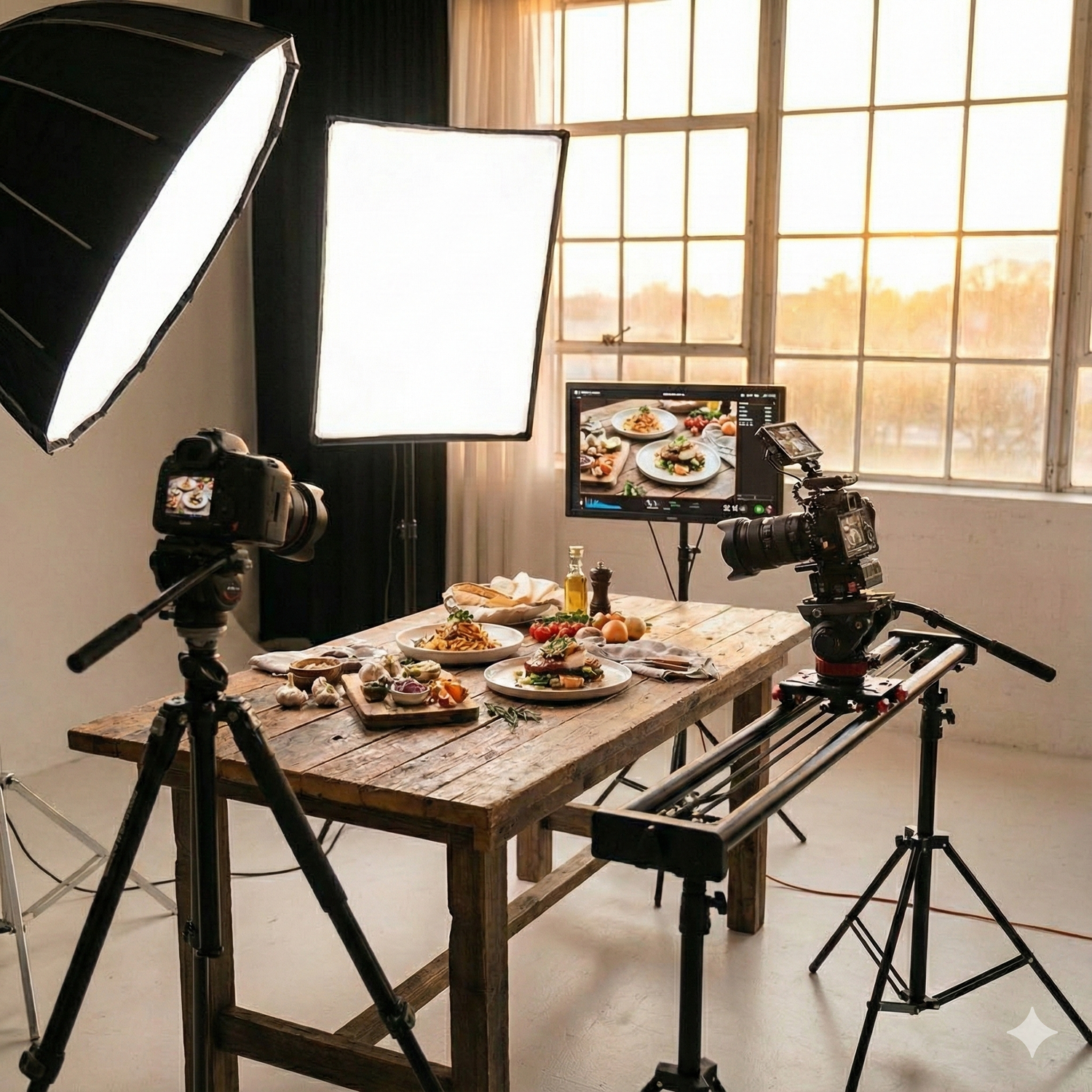 Professional food photography setup with lighting equipment and cameras on tripods capturing styled dishes on rustic table.