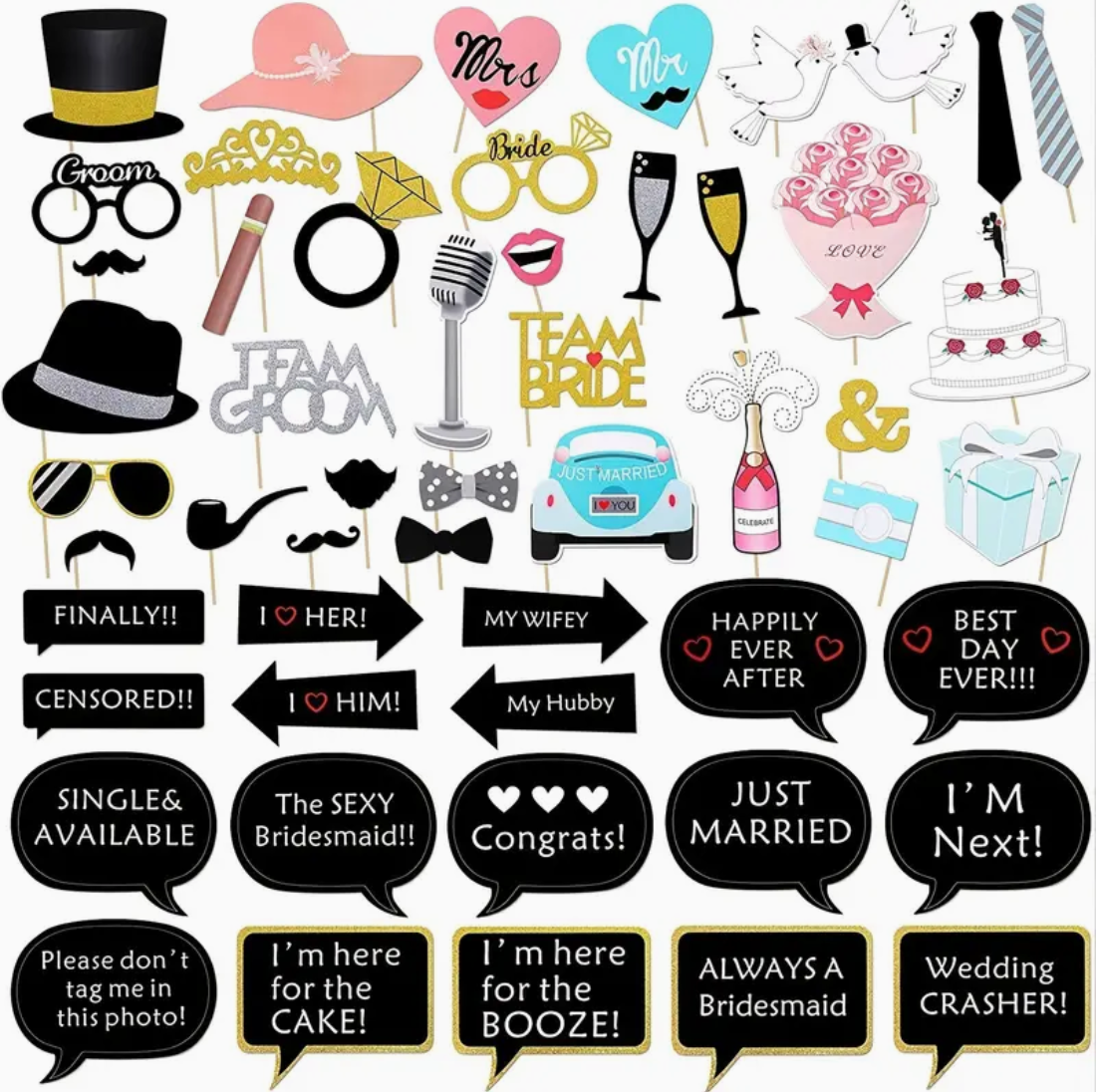 Wedding party photo booth props with speech bubbles, accessories and celebratory icons.
