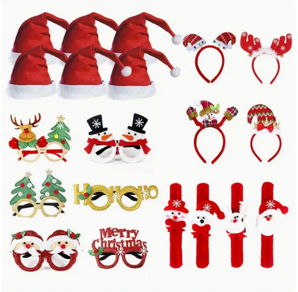 Festive Christmas party accessories including Santa hats, reindeer headbands, and novelty glasses in red and green colors.
