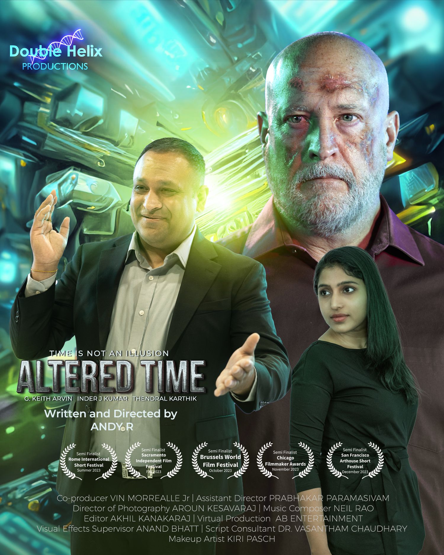 Movie poster for 'Altered Time' showing cast members with sci-fi elements and award laurels.