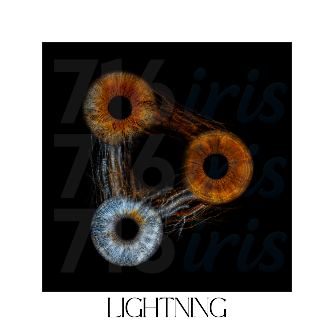 716 iris A series of artistic eye iris photographs in orange and blue tones arranged in a horizontal layout against black backgrounds.