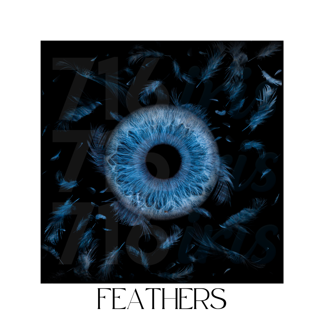 Abstract close-up of a blue human iris with dark background and text reading 'FEATHERS' underneath.