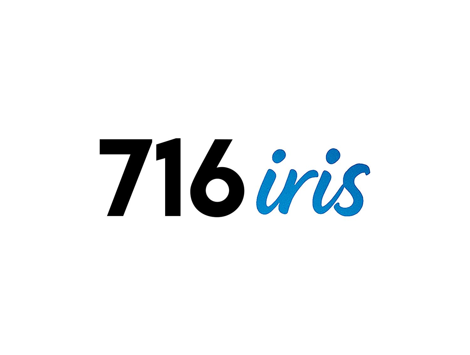 A minimalist modern logo design with '716 iris' text featuring black numbers and blue dots over the word iris.