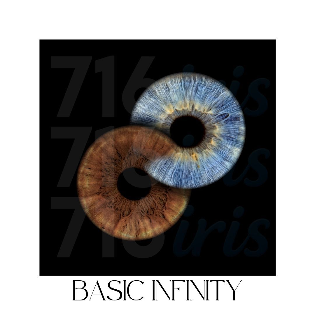 716 iris Two overlapping eye irises in brown and blue creating an infinity symbol pattern.