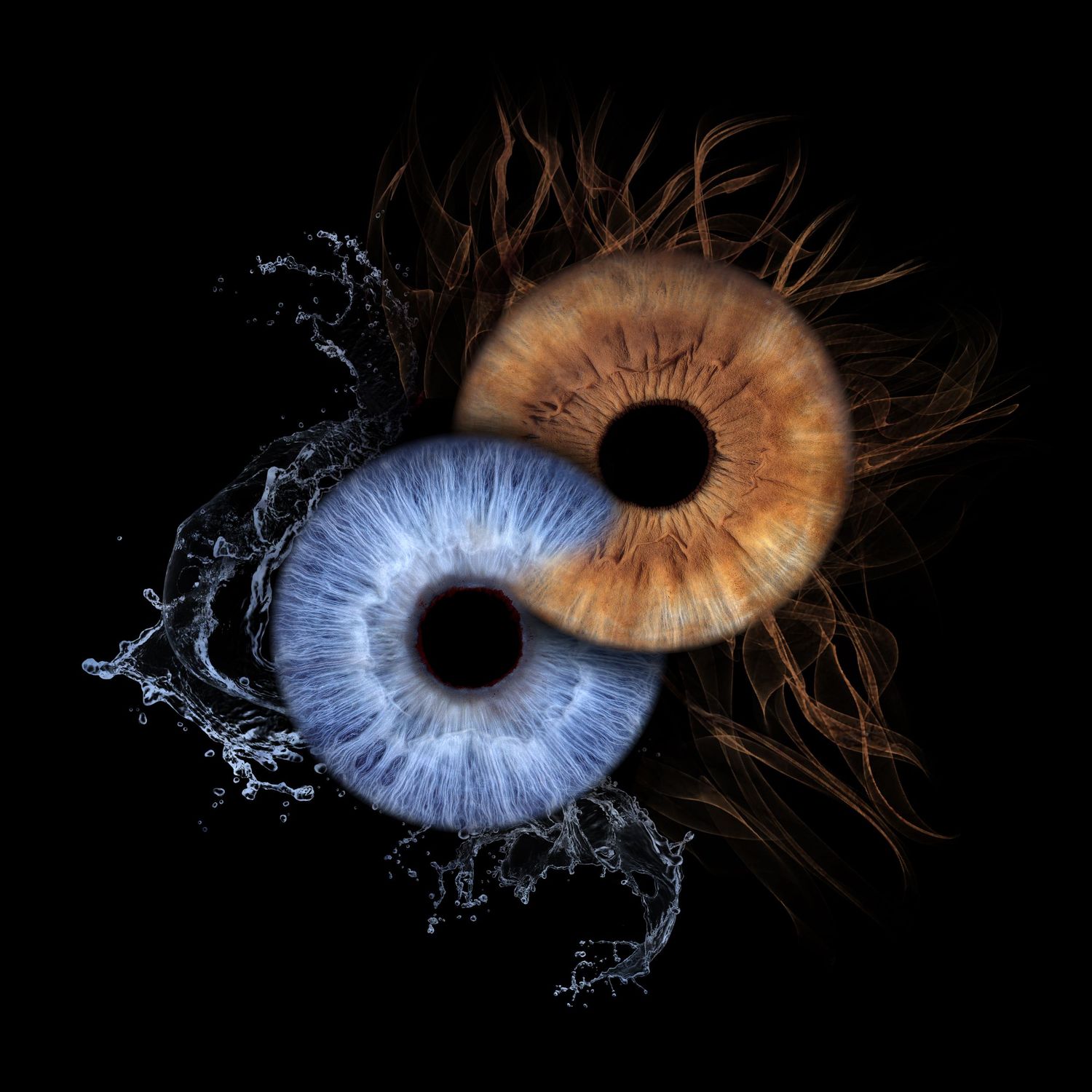 Two human eyes arranged in a yin-yang symbol, one blue with water splashes, one brown with fiery hair, on black.