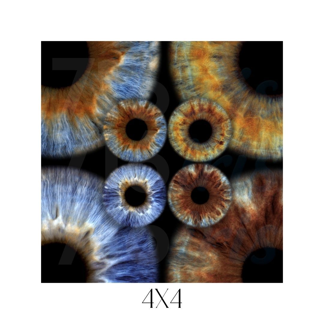 716 iris Artistic macro photographs of human irises arranged in a grid showing vibrant colors and intricate patterns.