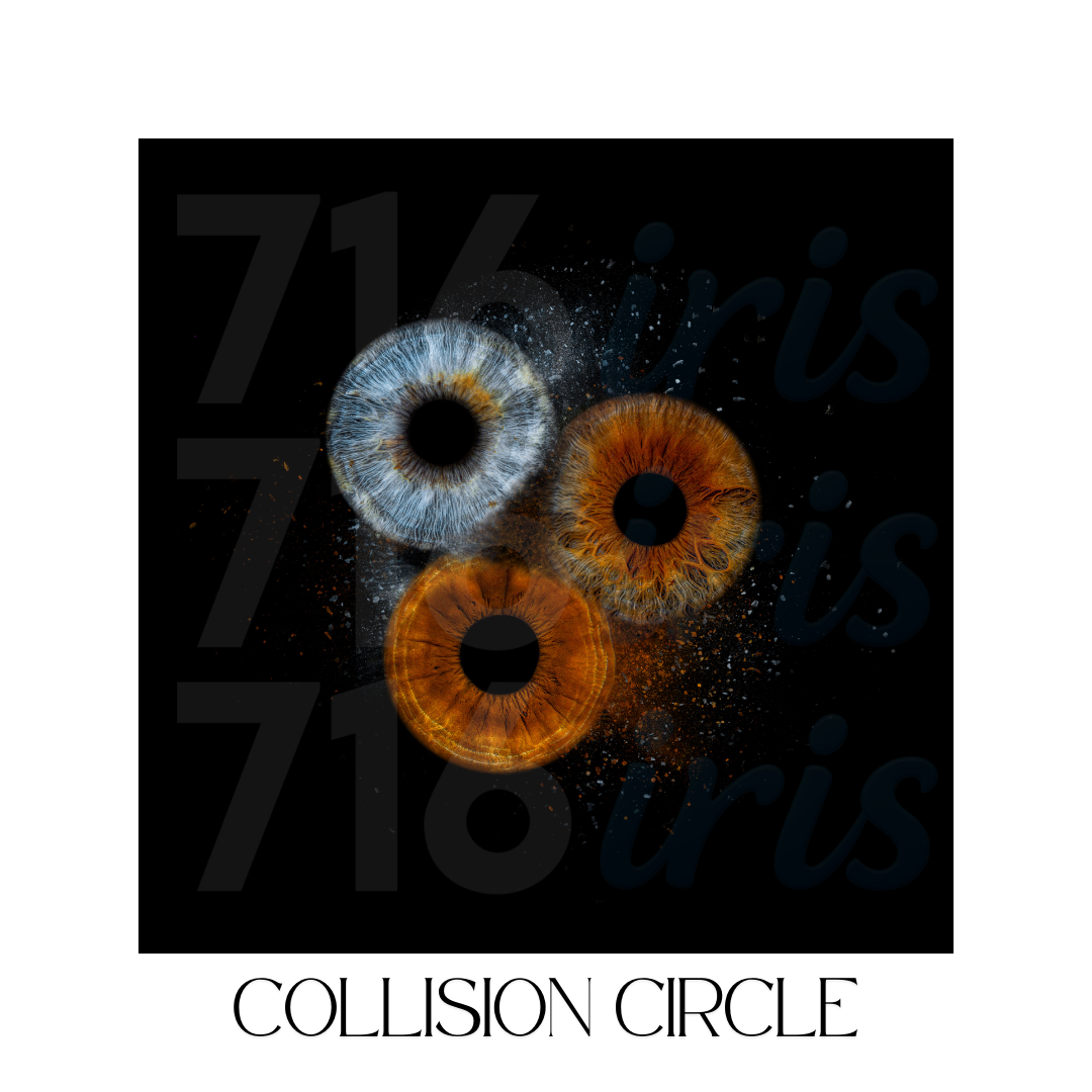Abstract digital art shows glowing orange and blue circular patterns against a dark background forming collision circles.