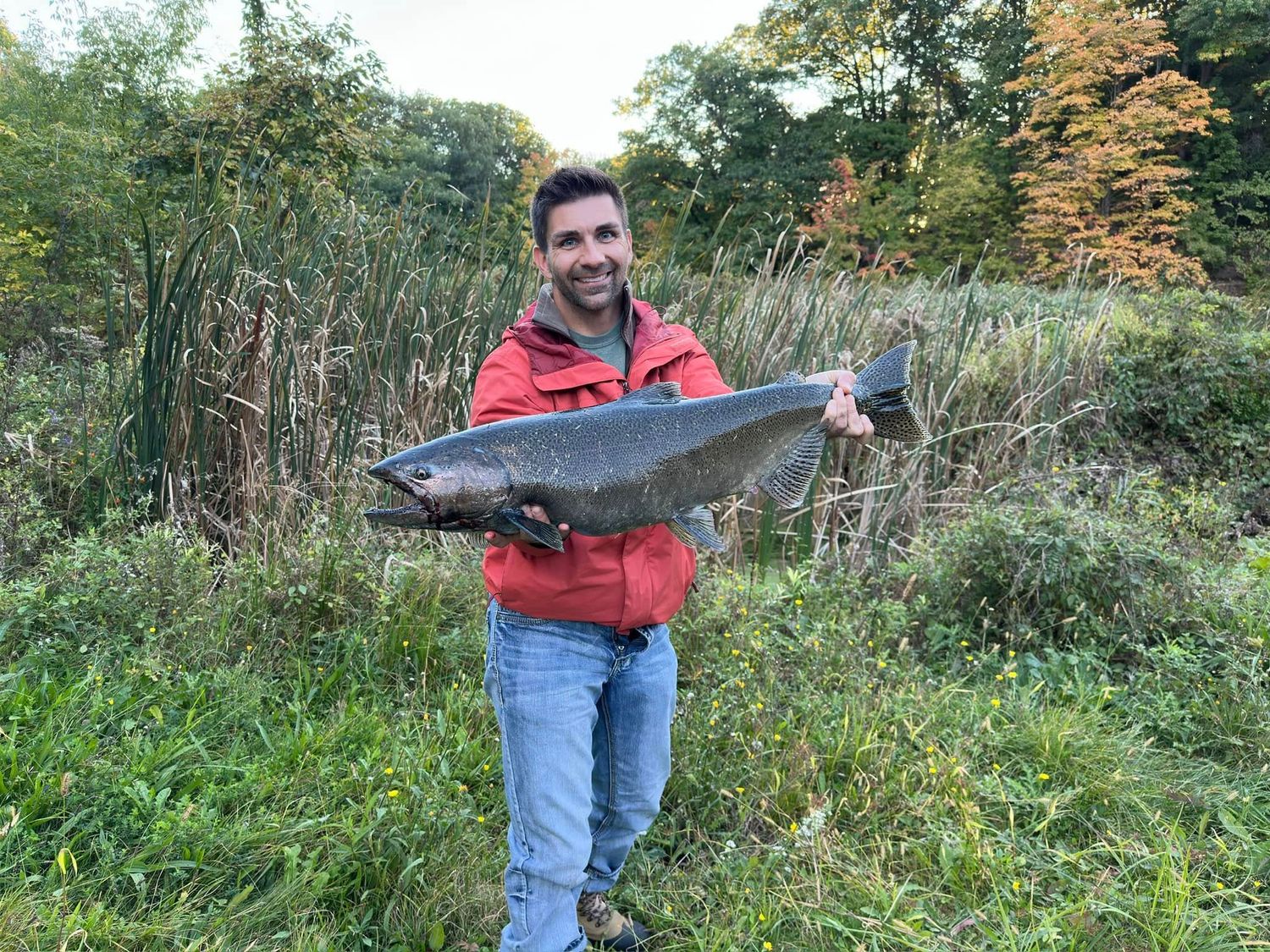 Person in red jacket proudly displays large salmon catch while standing in green autumn vegetation outdoors.