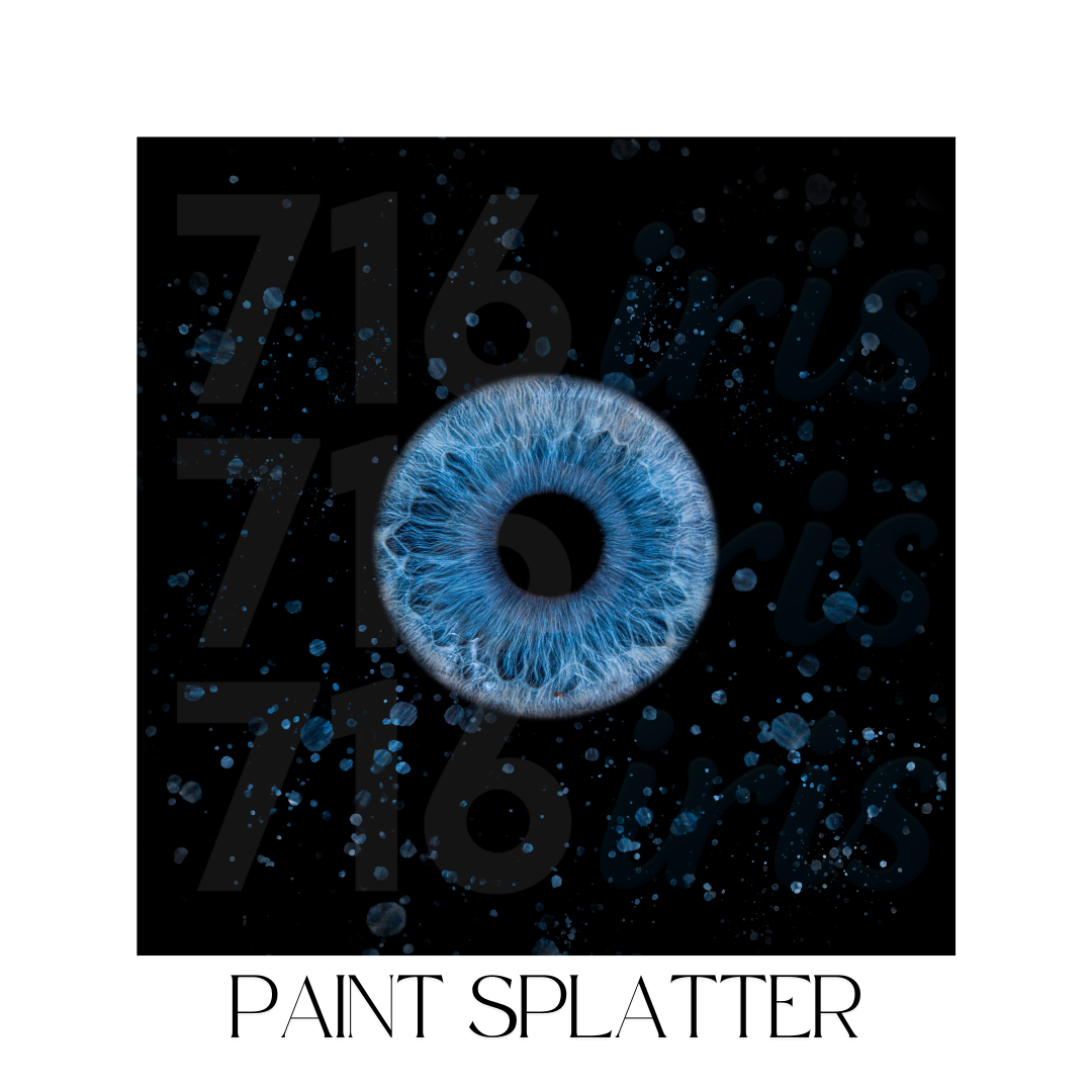 Blue paint splatter design forming an eye-like shape with scattered dots on black background.