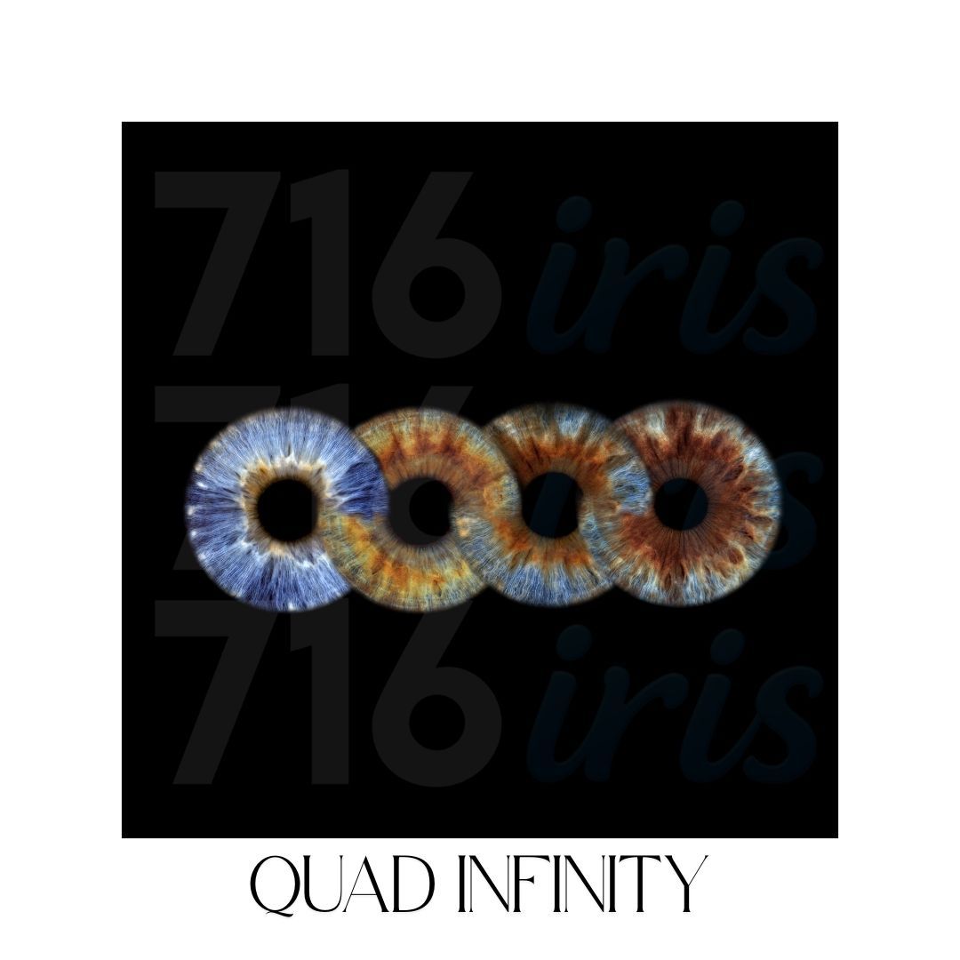 716 iris Four detailed iris patterns in blue and amber tones arranged horizontally on black background with text reading Quad Infinity.