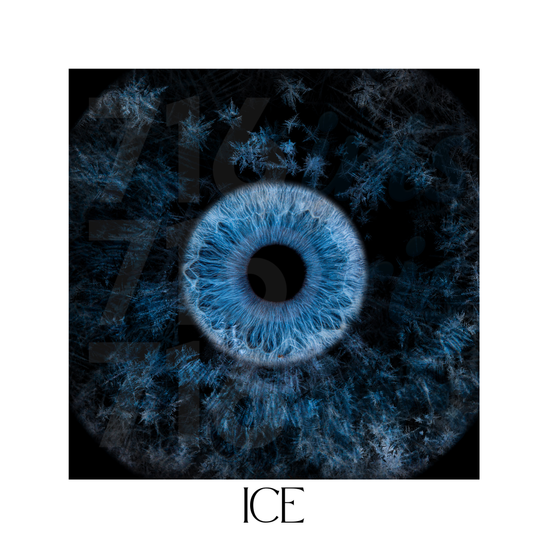 A striking macro photograph of a blue human iris with dark snowflake patterns radiating outward against a black background.
