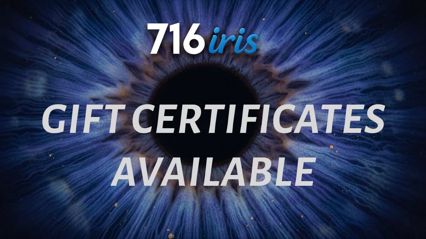 716 iris Blue starburst background with text reading '716 iris GIFT CERTIFICATES AVAILABLE' in white lettering.