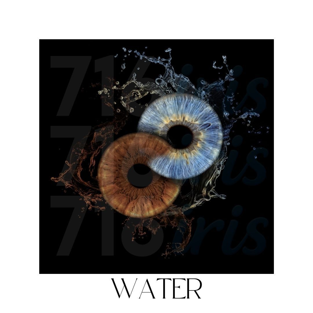 716 iris Close-up macro photograph of a human eye with water droplets and artistic text overlay against dark background.