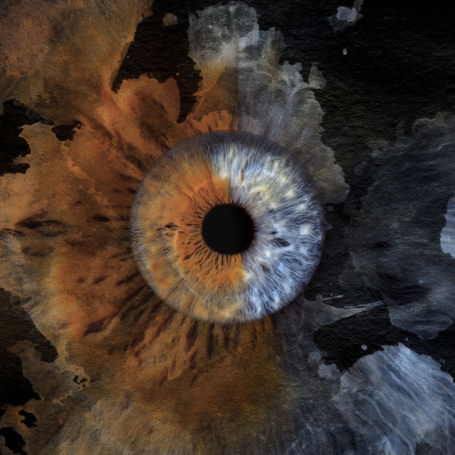 Close-up digital art of a human eye with orange and blue iris, surrounded by dramatic dark watercolor splashes.