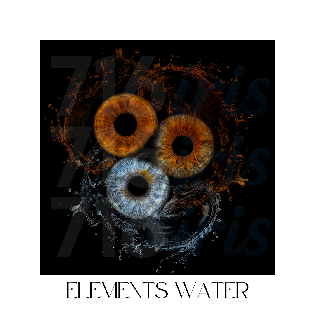 716 iris Abstract digital art showing three eyes in blue and orange tones with water element effects and splashes.