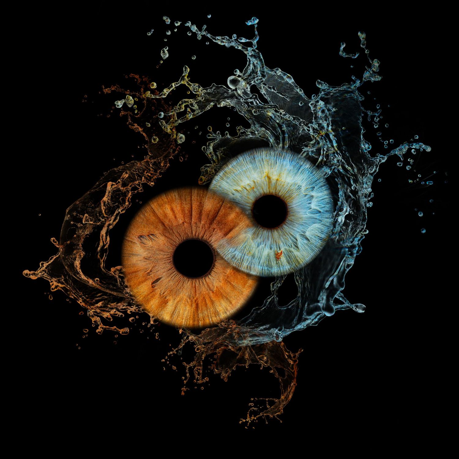 716 iris Artistic series of blue and orange eye irises surrounded by splashing water against a black background.