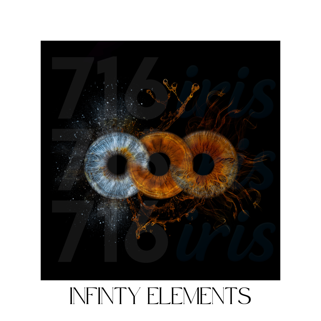 716 iris Artistic infinity symbol made of glowing golden rings and blue eye elements on black background.