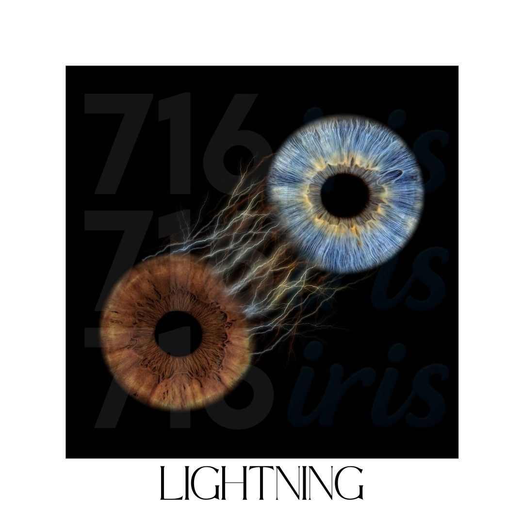 716 iris Two contrasting iris images, one blue and one brown, connected by lightning-like tendrils against a black background.