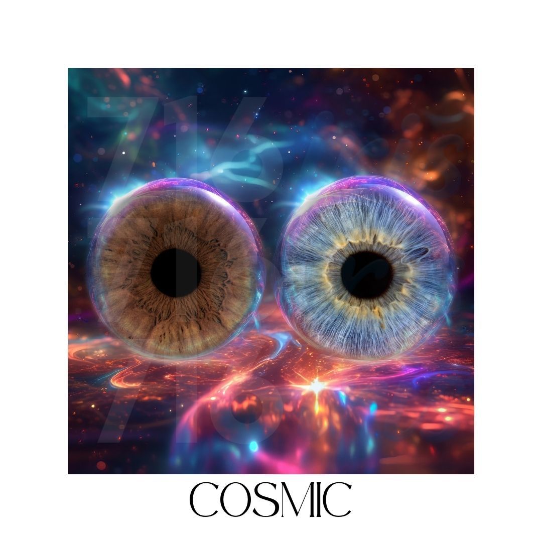716 iris Artistic digital illustration of cosmic eyes with galaxy nebula patterns and vibrant colors against a space background.