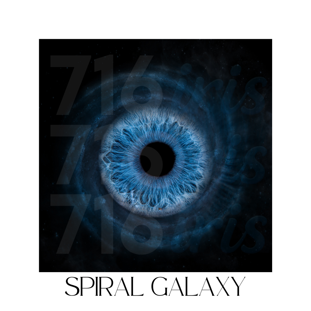 Abstract blue spiral galaxy pattern resembling an eye shape against a dark background.