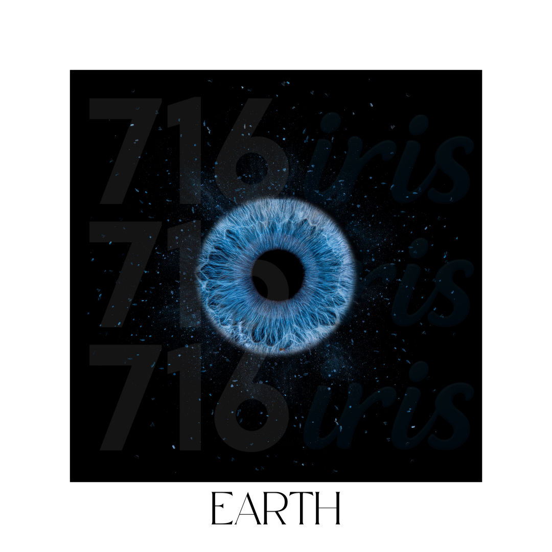 Artistic black and white composition featuring the word EARTH with a glowing blue eye design incorporated into the text.