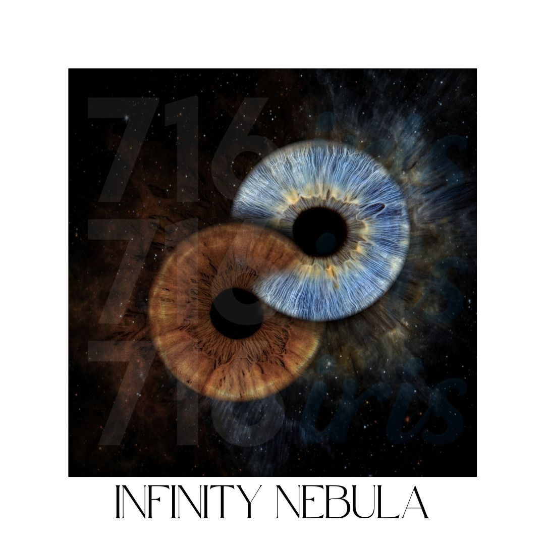 716 iris Detailed iris artwork combining cosmic nebula elements with brown and blue eye patterns.