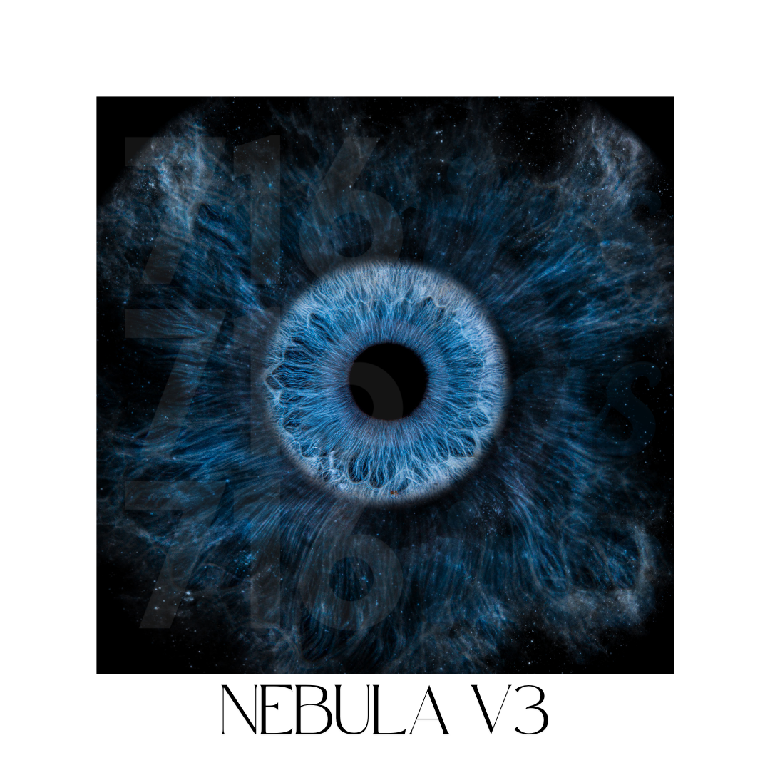 Blue nebula formations shown in sequence with dark centers and radiating patterns against a black background.